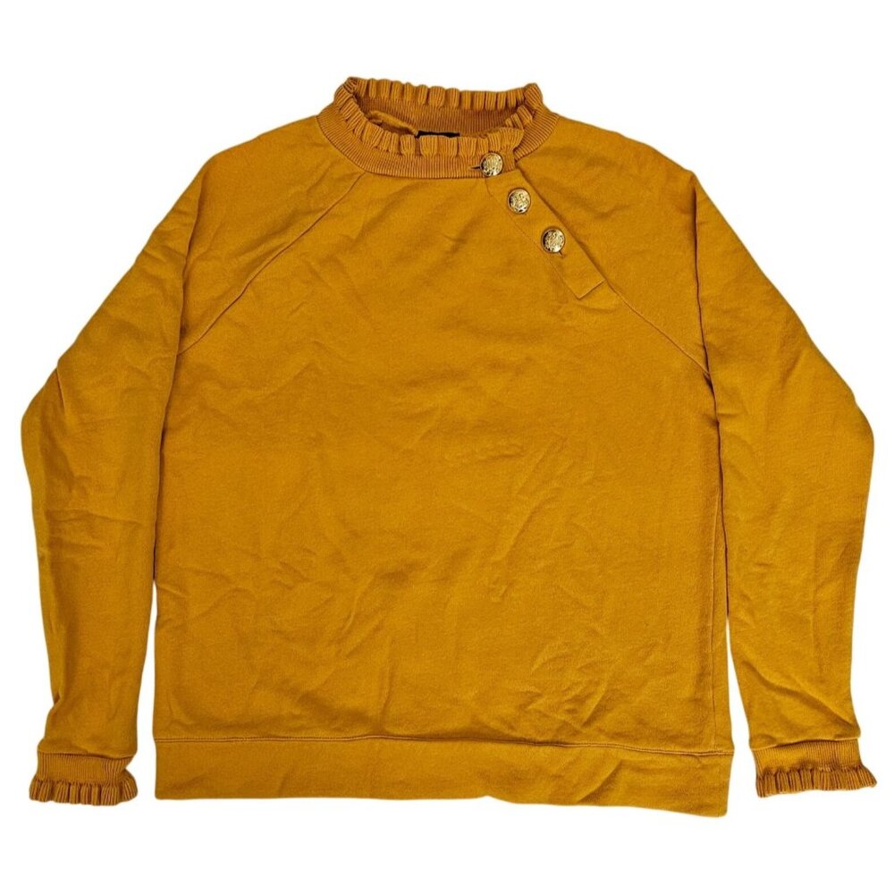 Talbots Mustard Yellow Ruffle Trim Raglan Sweatshirt Women's Size Small - Picture 2 of 10